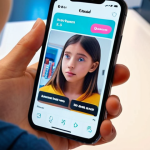 A dynamic, close-up shot of a Gen Alpha individual (10-15 years old) utterly engrossed in a smartphone. The phone screen dominates the foreground, displaying a vibrant, interactive shoppable live stream featuring a product in action. Augmented reality elements should be visible on the screen, showing the product seamlessly integrated into a lifestyle scene. The overall atmosphere should be futuristic and engaging, highlighting the blur between entertainment, social media, and commerce, with glowing digital interfaces and a sense of immediate gratification.
