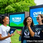 알파세대의 가치관 변화와 마케팅 - A diverse group of young people from Generation Alpha engaging in a vibrant brand community event ou...