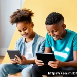 알파세대의 소비 가치 분석 - A diverse group of tech-savvy Generation Alpha children, aged 8-12, sitting together in a bright, mo...