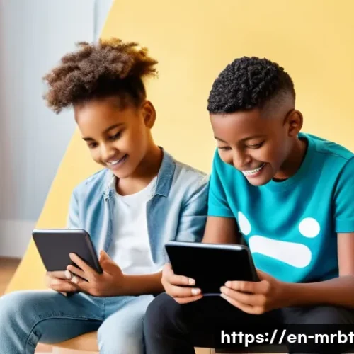 알파세대의 소비 가치 분석 - A diverse group of tech-savvy Generation Alpha children, aged 8-12, sitting together in a bright, mo...