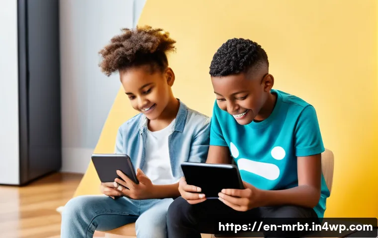 알파세대의 소비 가치 분석 - A diverse group of tech-savvy Generation Alpha children, aged 8-12, sitting together in a bright, mo...