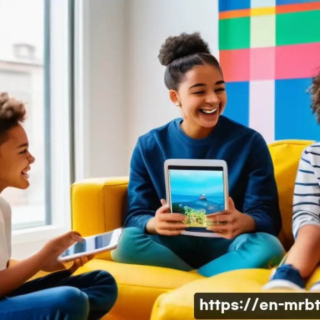 알파세대와 소셜 미디어의 연결 고리 - A vibrant scene of diverse Generation Alpha children aged 8-12 engaging with digital devices in a co...