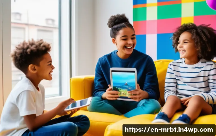 알파세대와 소셜 미디어의 연결 고리 - A vibrant scene of diverse Generation Alpha children aged 8-12 engaging with digital devices in a co...