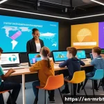 Home 23 알파세대와 광고 효과 측정 방법 - A vibrant digital marketing workspace showing a diverse group of children aged 8-12, all wearing cas...