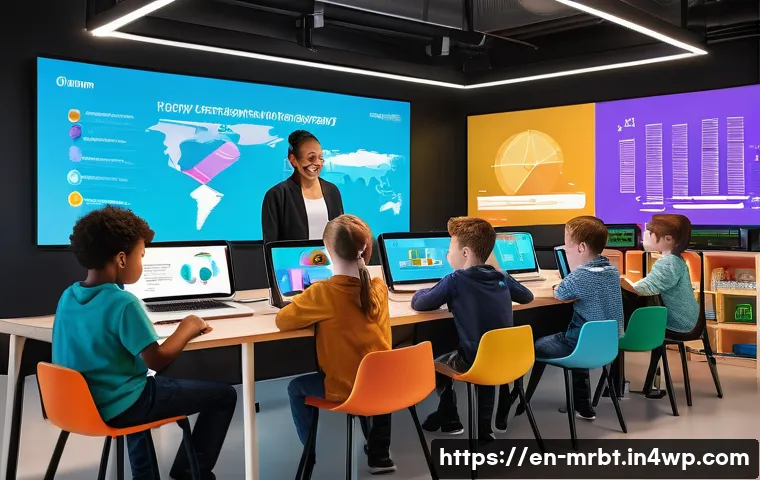 알파세대와 광고 효과 측정 방법 - A vibrant digital marketing workspace showing a diverse group of children aged 8-12, all wearing cas...