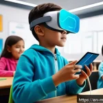 Home 23 알파세대의 디지털 미디어 소비 경향 - A vibrant, futuristic classroom scene where diverse children of Generation Alpha are engaged in inte...