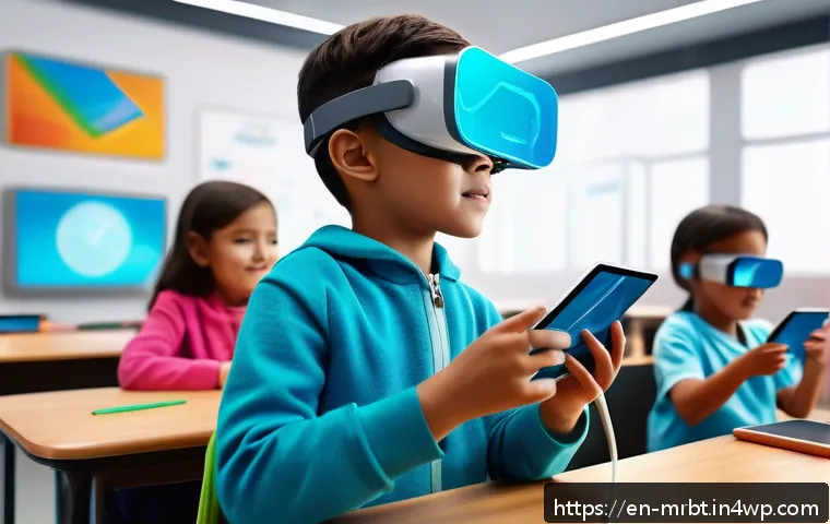 알파세대의 디지털 미디어 소비 경향 - A vibrant, futuristic classroom scene where diverse children of Generation Alpha are engaged in inte...